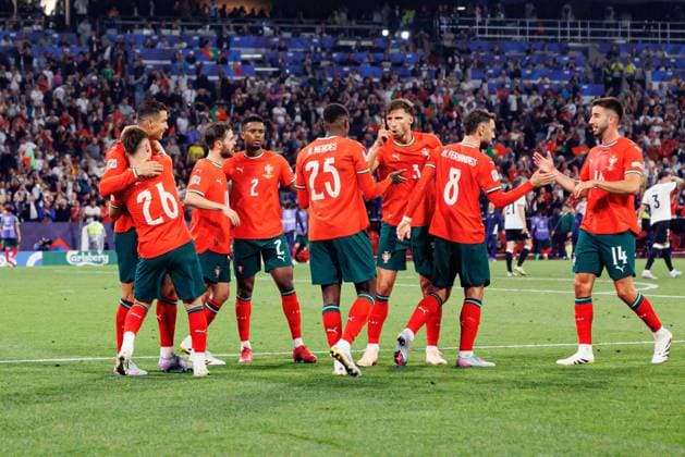 Players of Portugal seen celebrating after goal from Cristiano Ronaldo during official training before UEFA Nations League 2025 semifinal game between national teams of Germany and Portugal (Maciej Rogowski) Munich Allianz Arena Germany Copyright: xMaciejxRogowskix germanyportugal2425-52