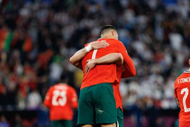 Players of Portugal seen celebrating after goal from Cristiano Ronaldo during official training before UEFA Nations League 2025 semifinal game between national teams of Germany and Portugal (Maciej Rogowski) Munich Allianz Arena Germany Copyright: xMaciejxRogowskix germanyportugal2425-53
