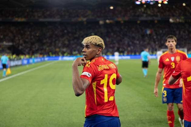 Lamine Yamal seen celebrating after scoring goal during UEFA Nations League 2025 semifinal game between national teams of Spain and France (Maciej Rogowski) Stuttgart MHP Arena Germany Copyright: xMaciejxRogowskix spainfrance2425-40