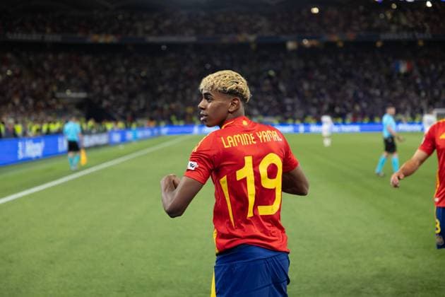 Lamine Yamal seen celebrating after scoring goal during UEFA Nations League 2025 semifinal game between national teams of Spain and France (Maciej Rogowski) Stuttgart MHP Arena Germany Copyright: xMaciejxRogowskix spainfrance2425-41