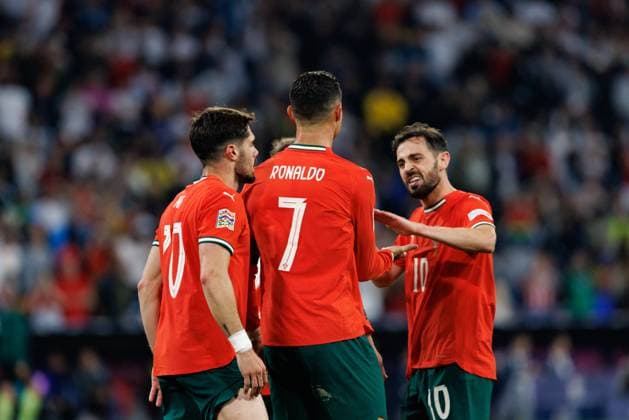 Players of Portugal seen celebrating after goal from Cristiano Ronaldo during UEFA Nations League 2025 semifinal game between national teams of Germany and Portugal (Maciej Rogowski) Munich Allianz Arena Germany Copyright: xMaciejxRogowskix germanyportugal2425-382