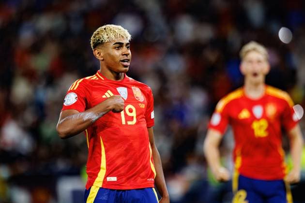 Lamine Yamal seen celebrating after scoring goal during UEFA Nations League 2025 semifinal game between national teams of Spain and France (Maciej Rogowski) Stuttgart MHP Arena Germany Copyright: xMaciejxRogowskix spainvsfrance2425-231