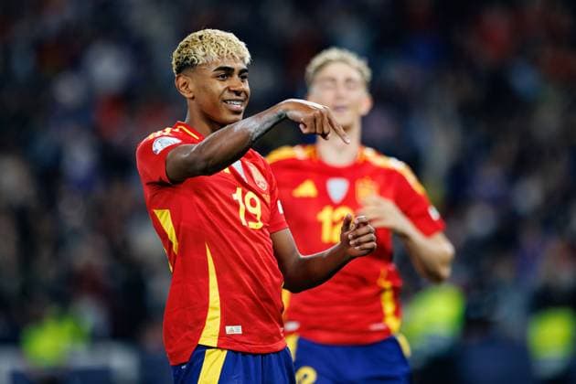 Lamine Yamal seen celebrating after scoring goal during UEFA Nations League 2025 semifinal game between national teams of Spain and France (Maciej Rogowski) Stuttgart MHP Arena Germany Copyright: xMaciejxRogowskix spainvsfrance2425-236