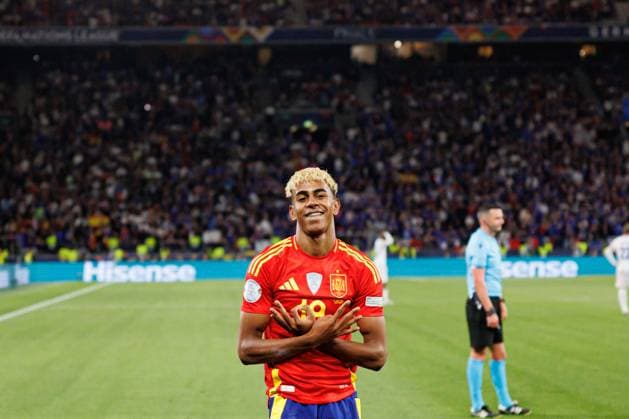 Lamine Yamal seen celebrating after scoring goal during UEFA Nations League 2025 semifinal game between national teams of Spain and France (Maciej Rogowski) Stuttgart MHP Arena Germany Copyright: xMaciejxRogowskix spainvsfrance2425-326