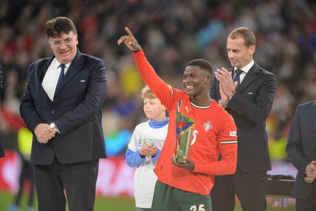 Soccer, Nations League, 20250609, Portugal Spain In the picture Nuno MENDES Portugal, 25 award Man of the Match Munich Munich Football Arena Bayern Germany Copyright: Passion2Press MarkusxFischerx