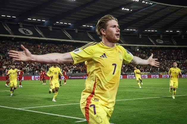 Belgium s Kevin De Bruyne celebrates after scoring during a soccer game between Belgian national team, Nationalteam Red Devils and Wales, Monday 09 June 2025 in Bussels, the second (out of 8) qualification games for the World Cup 2026. BRUNOxFAHY x126607302x