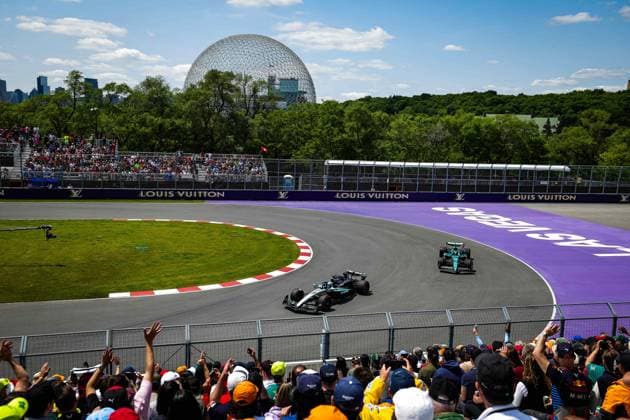 F1 - CANADIAN GRAND PRIX 2025 63 RUSSELL George (gbr), Mercedes AMG F1 Team W16, 14 ALONSO Fernando (spa), Aston Martin F1 Team AMR24, action during the Formula 1 Pirelli Grand Prix du Canada 2025, 10th round of the 2025 FIA Formula One World Championship, WM, Weltmeisterschaft from June 14 to 16, 2025 on the Circuit Gilles Villeneuve, in MontrÃ al, Canada - MontrÃ alCanada  Copyright: xFLORENTxGOODENx