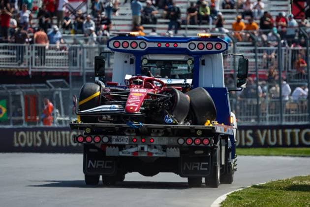 F1 - CANADIAN GRAND PRIX 2025 16 LECLERC Charles (mco), Scuderia Ferrari SF-25, action crash, accident, during the Formula 1 Pirelli Grand Prix du Canada 2025, 10th round of the 2025 FIA Formula One World Championship, WM, Weltmeisterschaft from June 14 to 16, 2025 on the Circuit Gilles Villeneuve, in MontrÃ al, Canada - MontrÃ alCanada  Copyright: xFLORENTxGOODENx