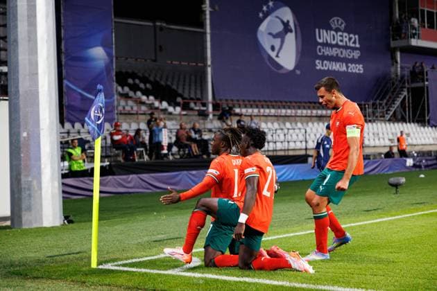 Players of Portugal seen celebrating after goal from Geovany Quenda during UEFA EURO, EM, Europameisterschaft,Fussball U-21 2025 game between national teams of Portugal and Poland (Maciej Rogowski) Trencin Stadion na Sihoti Slovakia Copyright: xMaciejxRogowskix polandportugalu21-242