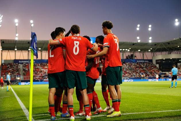 Players of Portugal seen celebrating after goal from Geovany Quenda during UEFA EURO, EM, Europameisterschaft,Fussball U-21 2025 game between national teams of Portugal and Poland (Maciej Rogowski) Trencin Stadion na Sihoti Slovakia Copyright: xMaciejxRogowskix polandportugalu21-247