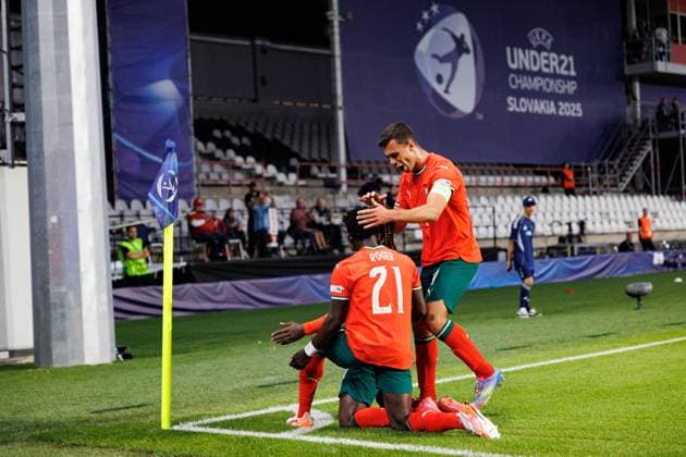 Players of Portugal seen celebrating after goal from Geovany Quenda during UEFA EURO, EM, Europameisterschaft,Fussball U-21 2025 game between national teams of Portugal and Poland (Maciej Rogowski) Trencin Stadion na Sihoti Slovakia Copyright: xMaciejxRogowskix polandportugalu21-243