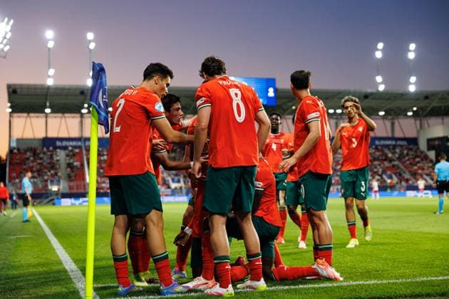 Players of Portugal seen celebrating after goal from Geovany Quenda during UEFA EURO, EM, Europameisterschaft,Fussball U-21 2025 game between national teams of Portugal and Poland (Maciej Rogowski) Trencin Stadion na Sihoti Slovakia Copyright: xMaciejxRogowskix polandportugalu21-244