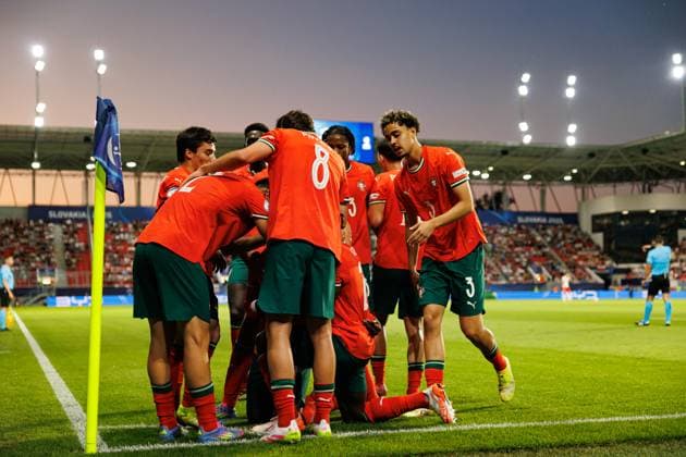 Players of Portugal seen celebrating after goal from Geovany Quenda during UEFA EURO, EM, Europameisterschaft,Fussball U-21 2025 game between national teams of Portugal and Poland (Maciej Rogowski) Trencin Stadion na Sihoti Slovakia Copyright: xMaciejxRogowskix polandportugalu21-245