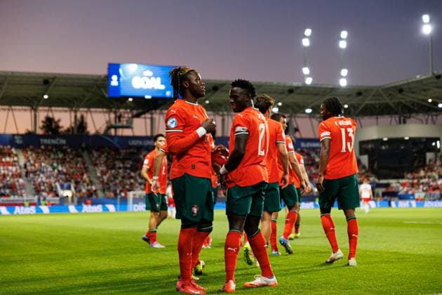 Players of Portugal seen celebrating after goal from Geovany Quenda during UEFA EURO, EM, Europameisterschaft,Fussball U-21 2025 game between national teams of Portugal and Poland (Maciej Rogowski) Trencin Stadion na Sihoti Slovakia Copyright: xMaciejxRogowskix polandportugalu21-248