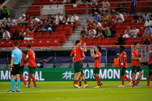 Players of Portugal seen celebrating after goal during UEFA EURO, EM, Europameisterschaft,Fussball U-21 2025 game between national teams of Portugal and Poland (Maciej Rogowski) Trencin Stadion na Sihoti Slovakia Copyright: xMaciejxRogowskix polandportugalu21-307