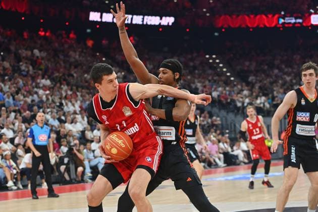 VLADIMIR LUCIC FCB , action,duel against Nelson WEIDEMANN UL Basketball BBL,season 2024 2025 3 final, FC Bayern Muenchen Ratiopharm Ulm on 21 06 2025, S A P G A R D EN