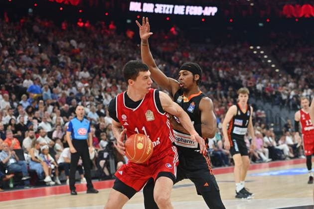 VLADIMIR LUCIC FCB , action,duel against Nate HINTON UL Basketball BBL,season 2024 2025 3 final, FC Bayern Muenchen Ratiopharm Ulm 79 81 on 21 06 2025, S A P G A R D EN