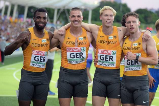 Leichtathletik, athletics, Team Europameisterschaften, European Team Championships Super League 2025 ,1 Div Vallehermoso Stadium Madrid , 27 06 29 06 2025 4x100m Men Relay , 4x100m Men relay , DLV Team Lucas peprah Ansah , Julian Wagner, Marvin Schulte, Kevin Kranz, all Germany,