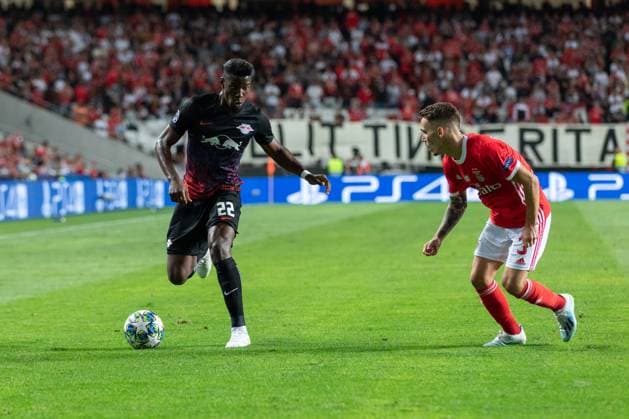 September 17, 2019, Lisbon, Lisbon, Portugal: Leipzig defender from France NORDI MUKIELE (22) and Benfica defender from Spain ALEX GRIMALDO (3) in action during the game for UEFA Champions League between Benfica and Leipzig at Estadio da Luz Lisbon Portugal - ZUMAs359 20190917_zsp_s359_035 Copyright: xAlexandrexdexSousax