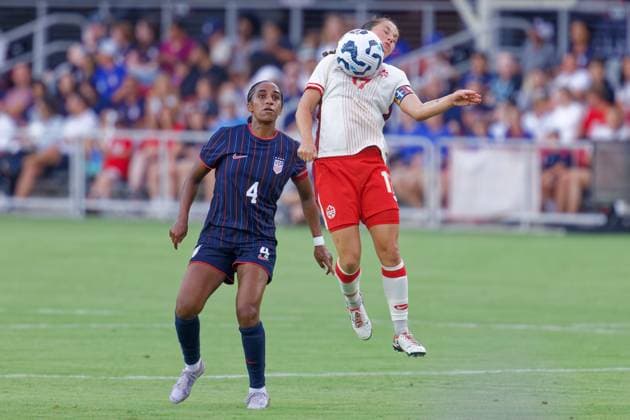 July 2, 2025, Washington, District of Columbia, USA: Jessie Fleming 17 of Canada fields goalie kick while Naomi Girma 4 of the United States watches during the US Woman™s national team, Nationalteam vs. Canada match at Audi Field. The USA won 3-0. Washington USA - ZUMA 20250702_mda_s363_173 Copyright: xJeffxScudderx