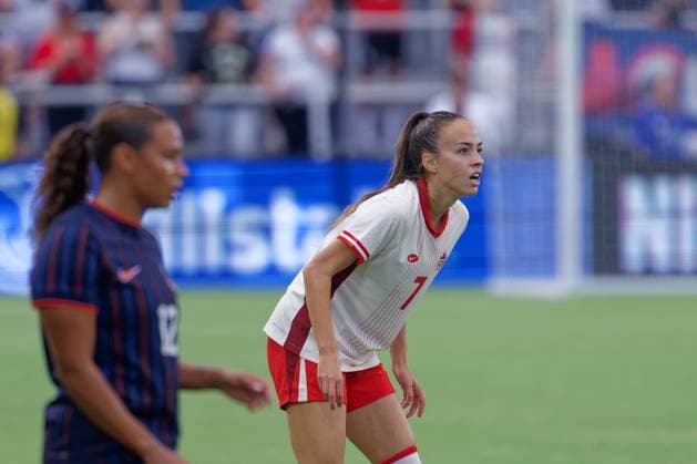 July 2, 2025, Washington, District of Columbia, USA: Julia Grosso 7 of Canada wits for the action during the US Woman™s national team, Nationalteam vs. Canada match at Audi Field. The USA won 3-0. Washington USA - ZUMA 20250702_mda_s363_189 Copyright: xJeffxScudderx