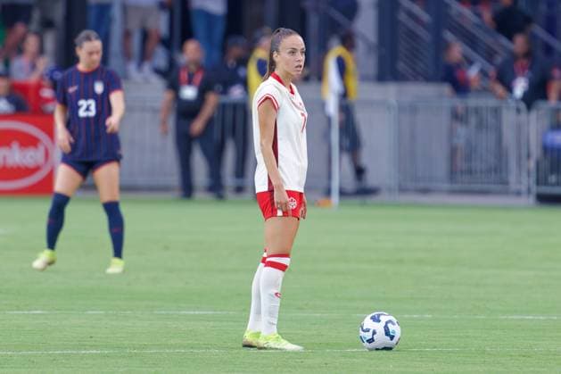 July 2, 2025, Washington, District of Columbia, USA: Julia Grosso 7 of Canada readies to start play after USWNT scores first goal during the US Woman™s national team, Nationalteam vs. Canada match at Audi Field. The USA won 3-0. Washington USA - ZUMA 20250702_mda_s363_180 Copyright: xJeffxScudderx