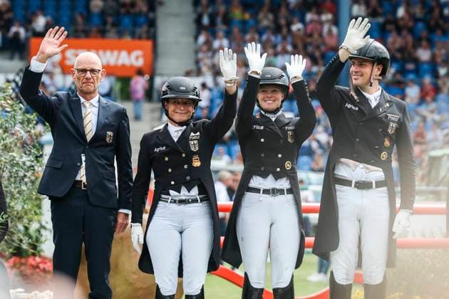 CHIO Aachen 2025 05 07 2025 Klaus Röser, Isabell Werth, Katharina Hemmer and Frederic Wandres at the Lambertz Nations Cup on 05 07 2025 at the CHIO Aachen 2025 on the CHIO grounds Copyright: xBEAUTIFULxSPORTS Freisenx