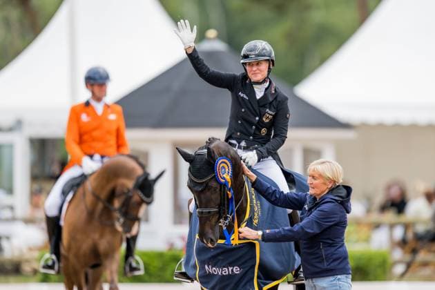 250712 Svenja Kämper Meyer of Germany with horse Amanyara M Frh celebrates in FEI Dressage Nations Cup Grand Prix during Falsterbo Horse Show on July 12, 2025 in Falsterbo Photo Petter Arvidson BILDBYRAN kod PA PA1057 ridsport equestrian falsterbo horse show bbeng falsterbo dressyr jubel  Copyright: PETTERxARVIDSON BB250712PA048