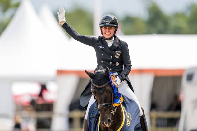 250712 Svenja Kämper Meyer of Germany with horse Amanyara M Frh celebrates in FEI Dressage Nations Cup Grand Prix during Falsterbo Horse Show on July 12, 2025 in Falsterbo Photo Petter Arvidson BILDBYRAN kod PA PA1057 ridsport equestrian falsterbo horse show bbeng falsterbo dressyr jubel  Copyright: PETTERxARVIDSON BB250712PA050