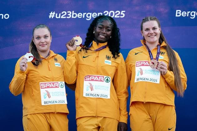 Helena Kopp LG Stadtwerke Muenchen, shot put women , Jolina Lange LV 90 Erzgebirge, shot put women , Nina Ndubuisi SG Schorndorf 1846, shot put women , NOR, Leichtathletik, Athletics, European Athletics U23 Championships 2025, European Athletics U23 Championships, Bergen, 17 07 2025, NOR, Athletics, Athletics, European Athletics U23 Championships 2025, European Athletics U23 Championships, Bergen, 17 07 2025 Bergen Copyright: xStefanxMayerx EP_SMR