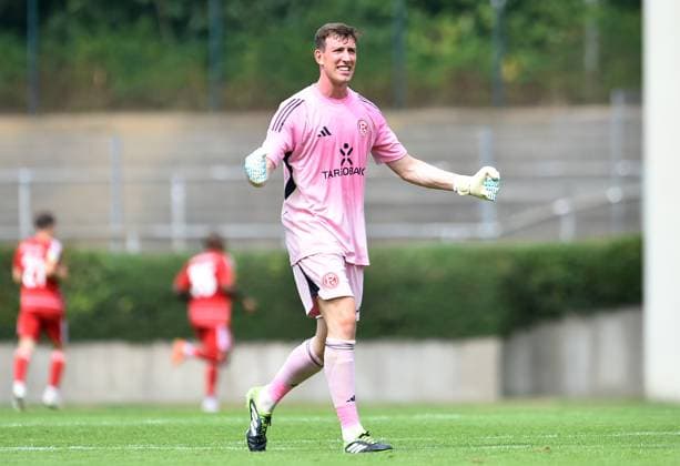 Soccer Men Regionalliga West Season 2025 2026 1 Matchday Borussia Mönchengladbach U23 Fortuna Düsseldorf U23 on 26 07 2025 at Grenzlandstadion in Mönchengladbach Florian Schock Fortuna Düsseldorf U23 is happy about the 1 1 North Rhine-Westphalia Germany