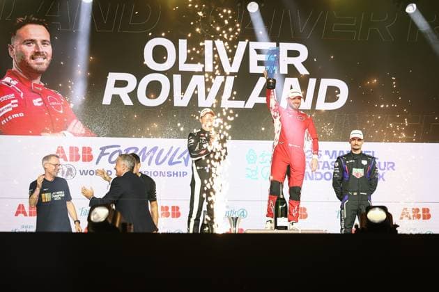 2025 FORMULA E LONDON ePRIX ROWLAND Oliver (gbr), Nissan Formula E Team, Nissan e-4ORCE, portrait, podium during the London ePrix, 15th and 16th round of the 2024-25 ABB FIA Formula E World Championship, WM, Weltmeisterschaft on the ExCel London Circuit from July 25 to 27, 2025 in London, United Kingdom - LondonUnited Kingdom  Copyright: xAndrÃ xFerreirax