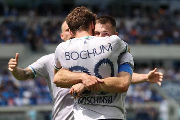 2025 08 02 xJFAx 2 Bundesliga Season 2025 26 1 Matchday SV Darmstadt 98 VFL Bochum v l , Moritz Broschinski VFL Bochum , Matus Bero VFL Bochum Torjubel, Goal celebration, celebrate the goal zum 1 1 DFL DFB REGULATIONS PROHIBIT ANY USE OF PHOTOGRAPHS as IMAGE SEQUENCES and or QUASI VIDEO Copyright: JoaquimxFerreira