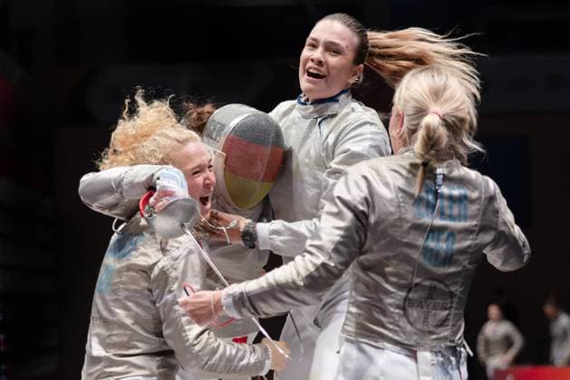 TSV Bayer Dormagen FC Würth Künzelsau, womens sabre team final The fencers from Dormagen, who have just won the German Championship From left Lea Krüger, Felice Herbon with mask , Deniz Unludag and Larissa Eifler Womens sabre team final on August 2, 2025 in Dresden , Dresden Hessen Germany Dresden BallsportARENA