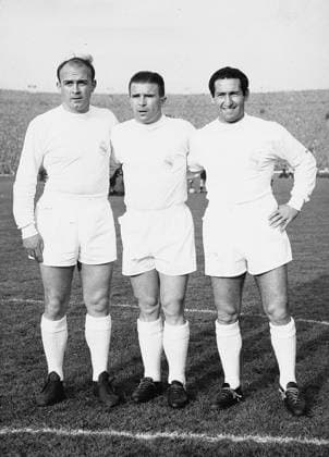 Football Spain Three Players from Real Madrid u B Z v l Alfredo Tue Stefano, Ferenc Puskas and Francisco Gento 1960 Years ATTENTION date estimated !ACHTUNG AUFNAHMEDATUM GESCHÄTZT!
