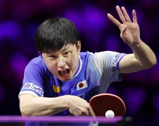 Table tennis, Tischtennis WTT Champions Japan s Tomokazu Harimoto plays in the men s singles final against China s Wang Chuqin at the WTT Champions table tennis event in Yokohama on Aug. 11, 2025.  A14AA0004763649P