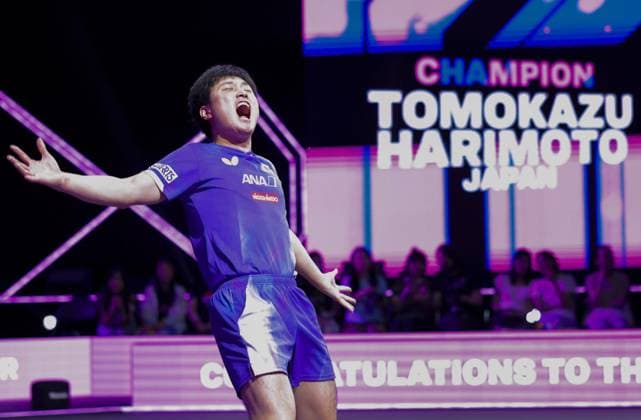Table tennis, Tischtennis WTT Champions Japan s Tomokazu Harimoto reacts after beating China s Wang Chuqin in the men s singles final at the WTT Champions table tennis event in Yokohama on Aug. 11, 2025.  A14AA0004763653P