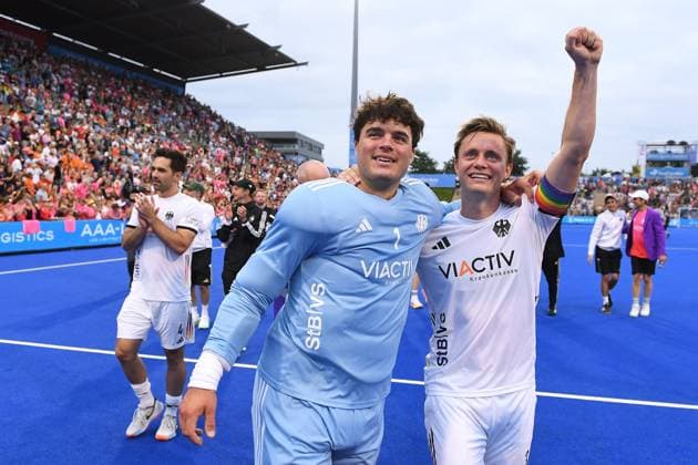 EuroHockey Championships 2025 Mens Final Netherlands Germany on 16 08 2025 at SparkassenPark in Mönchengladbach Final cheer Alexander Stadler Germany , left Mats Grambusch Germany , right xRx