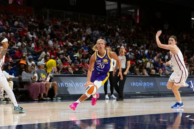 July 22, 2025, Washington, District Of Columbia, USA: JULIE ALLEMAND 20 of the Los Angeles Sparks dribbles the ball during the game against the Washington Mystics at CareFirst Arena Washington USA - ZUMAs352 20250722_zsp_s352_050 Copyright: xSabinaxShyshx