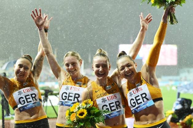 Athletics , Athletissima Lausanne, Wanda Diamond League Lausanne 2025, Stade Olympique de la Pontaise Lausanne, 4x100m relay, Rebekka Haase, Sina Mayer Sophia Junk, Gina Lückenkemper, Germany