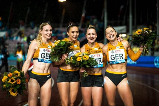 Athletissima 2025 Lausanne, 20 08 2025 Sina MAYER, Rebecca HAASE, Sophia JUNK,Gina LUECKENKEMPER, Germany, womens 4x100 m relay at the Athletissima 2025 in Lausanne Switzerland on Wednesday, 20 08 2025 Copyright: xBEAUTIFULxSPORTS UlfxSchillerx