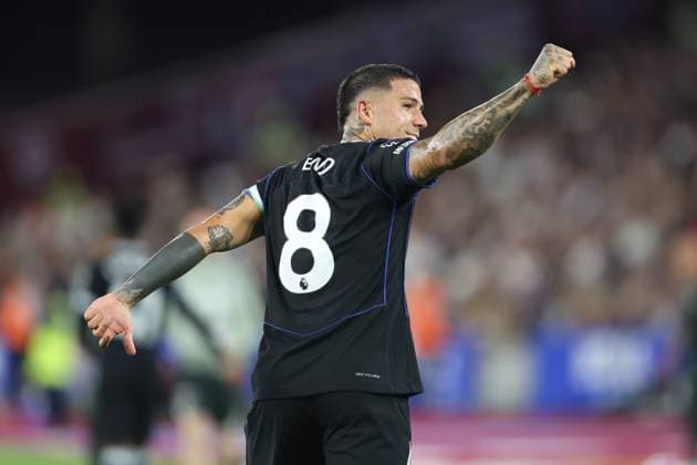 Sport Bilder des Tages London, England, August 22nd 2025: Enzo Fernandez of Chelsea celebrates after scoring during the Premier League match between West Ham United and Chelsea at London Stadium in London, England (Photo by Alexander Canillas Sports Press Photo SPP) (Alexander Canillas SPP) Copyright: xAlexanderxCanillas SPPx spp-en-AlCa-9U2A8787