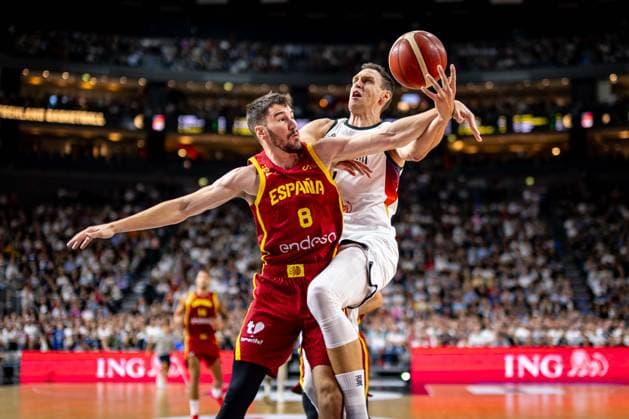 Basketball Cologne 23 08 2025 Test match Friendly match DBB International match Men Men Germany GER Spain ESP Johannes Voigtmann Germany, No 07 Dario Brizuela Spain, No 08