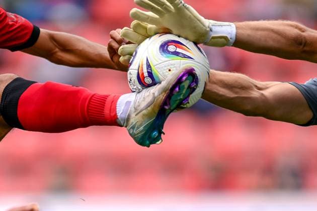 Benjamin Uphoff Goalkeeper, Rostock, 1 gets Fredrik Carlsen FC Ingolstadt, 8 the ball from his foot, symbol photo, symbolic image, duel, duel, tackle, dynamics, action, action, 24 08 2025, Ingolstadt Germany , Football, 3 Liga, FC Ingolstadt 04 F C Hansa Rostock, DFB DFL REGULATIONS PROHIBIT ANY USE OF PHOTOGRAPHS AS IMAGE SEQUENCES AND OR QUASI VIDEO xslx