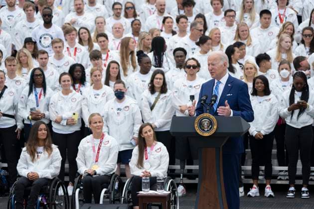 May 4, 2022, Washington, District of Columbia, USA: United States President Joe Biden welcomes Team USA to the White House to celebrate their participation Tokyo 2020 Summer Olympic and Paralympic Games and Beijing 2022 Winter Olympic and Paralympic Games, at the White House in Washington, DC on May 4, 2022 Copyright: xChrisxKleponisx