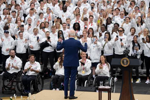 May 4, 2022, Washington, District of Columbia, USA: United States President Joe Biden welcomes Team USA to the White House to celebrate their participation Tokyo 2020 Summer Olympic and Paralympic Games and Beijing 2022 Winter Olympic and Paralympic Games, at the White House in Washington, DC on May 4, 2022 Copyright: xChrisxKleponisx