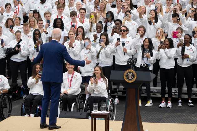 May 4, 2022, Washington, District of Columbia, USA: United States President Joe Biden welcomes Team USA to the White House to celebrate their participation Tokyo 2020 Summer Olympic and Paralympic Games and Beijing 2022 Winter Olympic and Paralympic Games, at the White House in Washington, DC on May 4, 2022 Copyright: xChrisxKleponisx