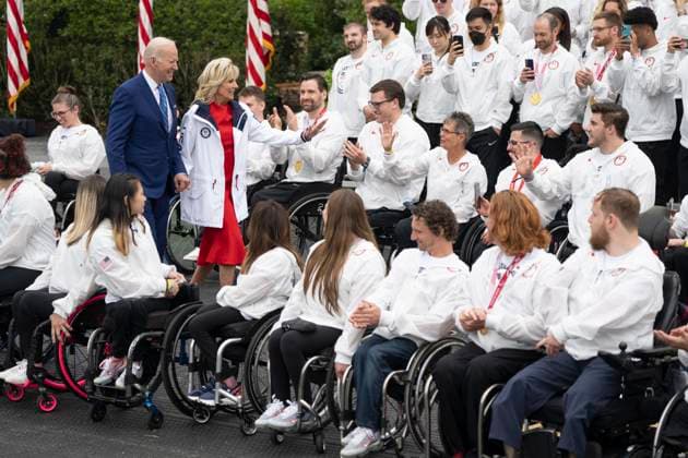 May 4, 2022, Washington, District of Columbia, USA: United States President Joe Biden and first lady Dr. Jill Biden arrive to celebrate U.S. athletes participation in the Tokyo 2020 Summer Olympic and Paralympic Games and Beijing 2022 Winter Olympic and Paralympic Games, at the White House in Washington, DC on May 4, 2022 Copyright: xChrisxKleponisx