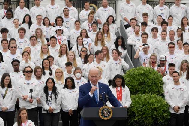 May 4, 2022, Washington, DC, United States: President Joe Biden speaks during a welcoming ceremony of Team USA to White House at South Lawn White House in Washington DC, USA. Copyright: xLeninxNollyx