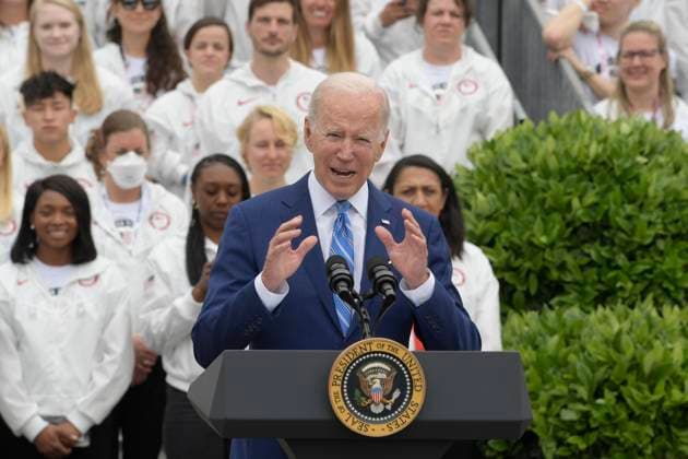 May 4, 2022, Washington, DC, United States: President Joe Biden speaks during a welcoming ceremony of Team USA to White House at South Lawn White House in Washington DC, USA. Copyright: xLeninxNollyx